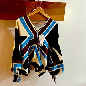 Zara Silk Blend Geometric V-Neck Flowy Top - NEW w/ tags - Size XL